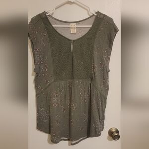 Faded Glory Green Floral Blouse Women’s Size Large Lace Front Boho Y2K Top